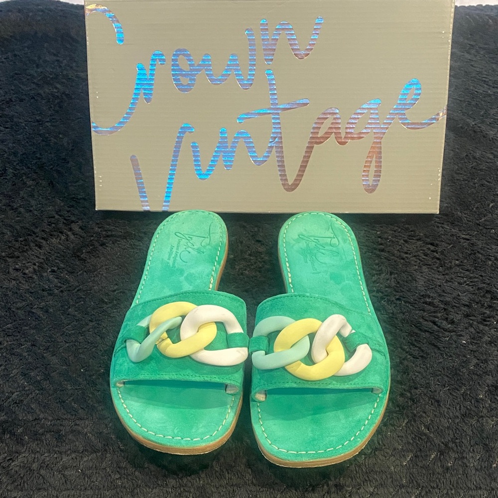 Crown Vintage Emerald Slide Sandals with Chain Accent